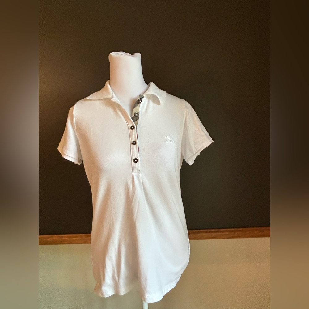 Burberry Brit Collared Neck Short Sleeve White Polo Top Size Medium Nova Check